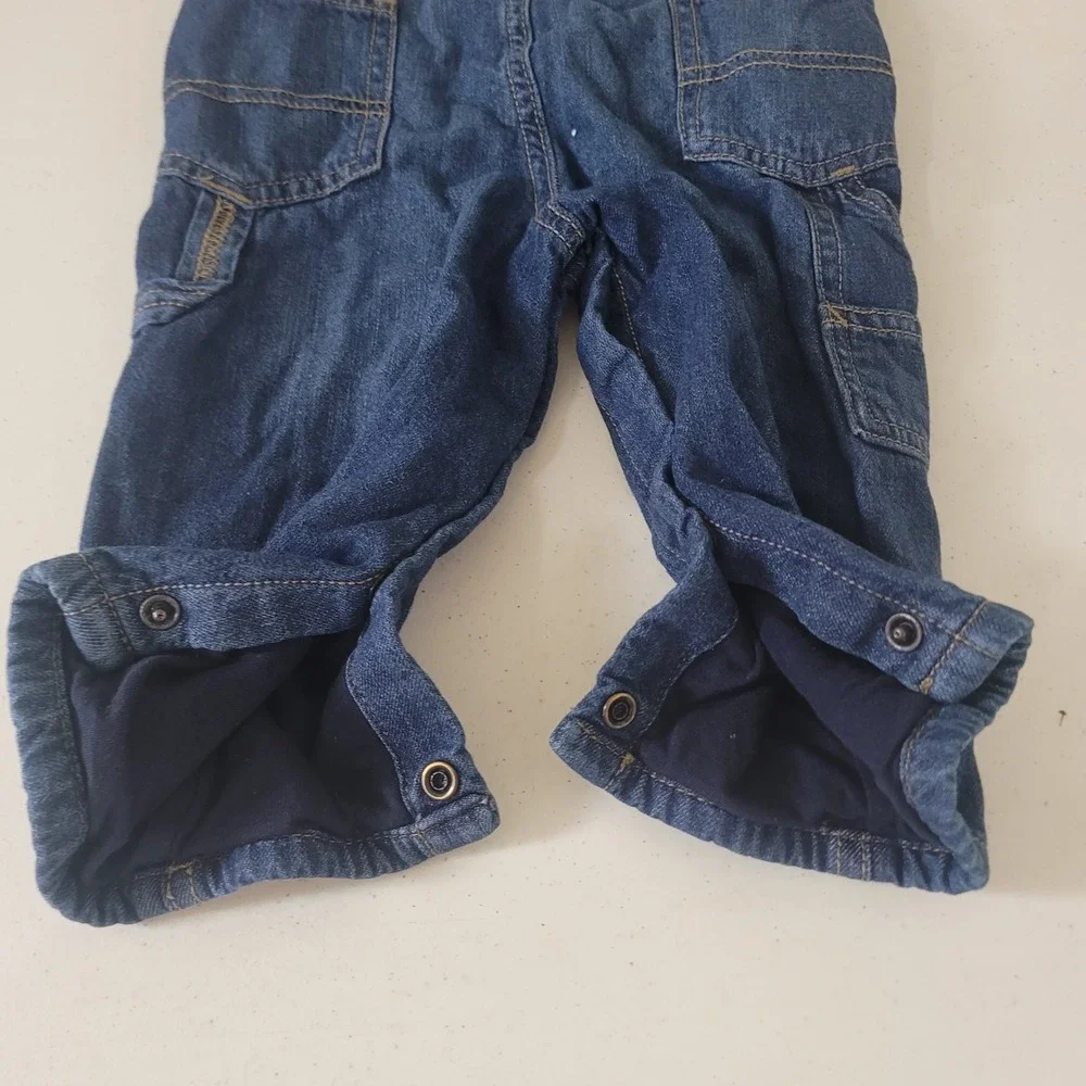OshKosh Size 12M Overalls Baby Boy Lined Denim Vestbak Blue Snap Leg